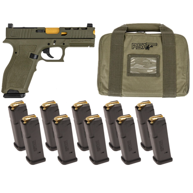 PSA DAGGER FULL SIZE - S 9MM PISTOL WITH SWR RMR SLIDE W/GOLD BARREL, SNIPER GREEN WITH 10-17RD PMAGS & PSA PISTOL BAG